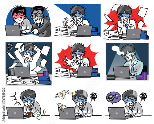 パソコンと若手男性会社員の困った時のセットベクターイラスト