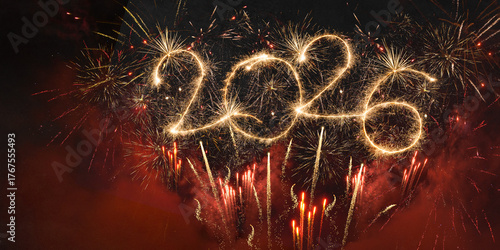 happy new year, new year's eve, silvester, new year, celebration greeting card, new year card - Year 2026 in sparkler font and firework fireworks pyrotechnic, isolated on black night sky background