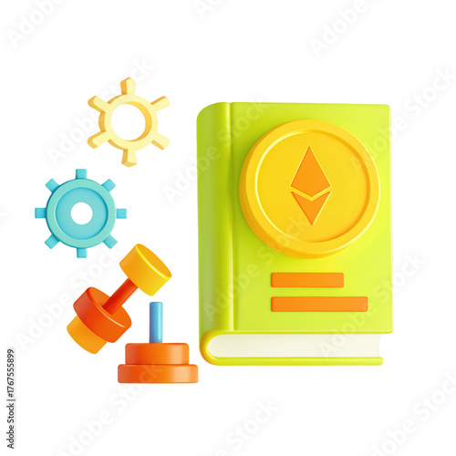 Colorful book representing cryptocurrency concepts features gears and weights symbolizing market regulation