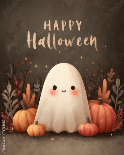 Cute Halloween Ghost Surrounded by Pumpkins and Autumn Leaves