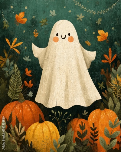 Whimsical Ghost Surrounded by Colorful Pumpkins and Autumn Leaves