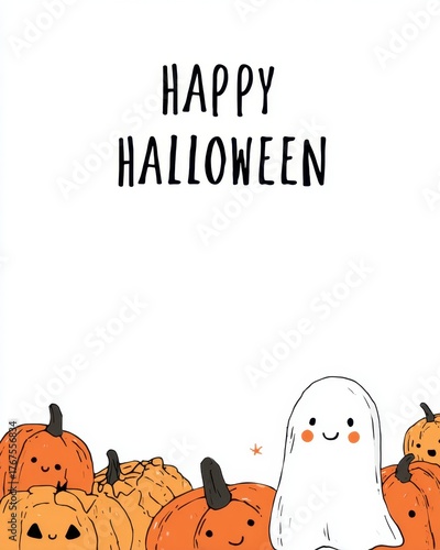Cheerful Halloween Scene with Ghost and Pumpkin Characters