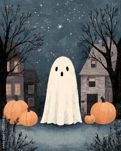 Whimsical Ghost in Autumn Halloween Scene with Pumpkins and Trees