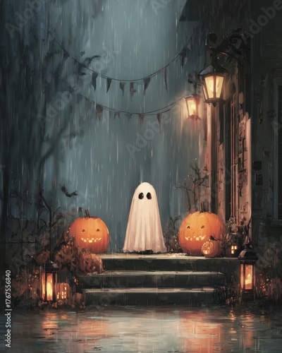 Whimsical Ghost and Pumpkins Under Rainy Halloween Night Sky