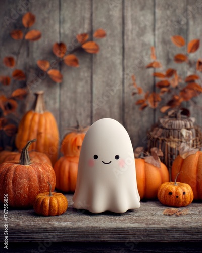 Cute Halloween Ghost Decor with Pumpkins and Autumn Leaves
