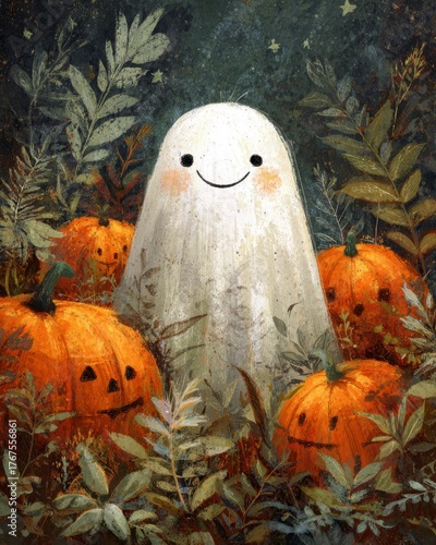 Whimsical Ghost Surrounded by Smiling Pumpkins in Autumn Glow