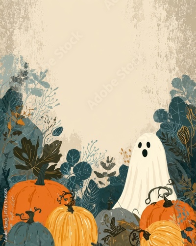 Playful Ghost Surrounded by Colorful Pumpkins and Autumn Foliage