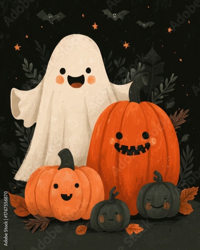 Whimsical Ghost with Pumpkins and Halloween Elements in Dark Theme