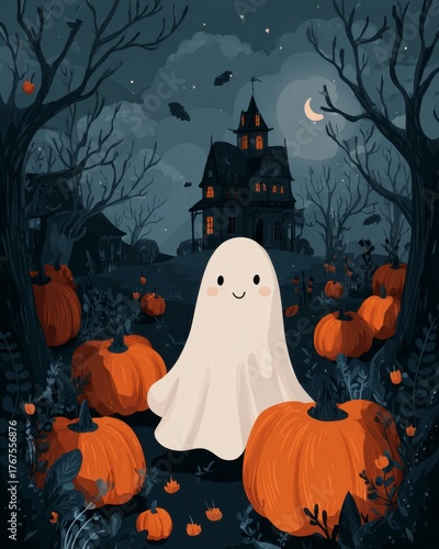 Friendly Ghost Surrounded by Pumpkins in Spooky Night Scene
