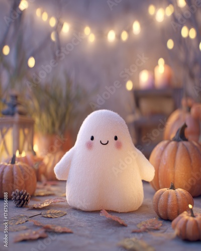 Cute Ghost Plush Toy Surrounded by Pumpkins and Cozy Lights