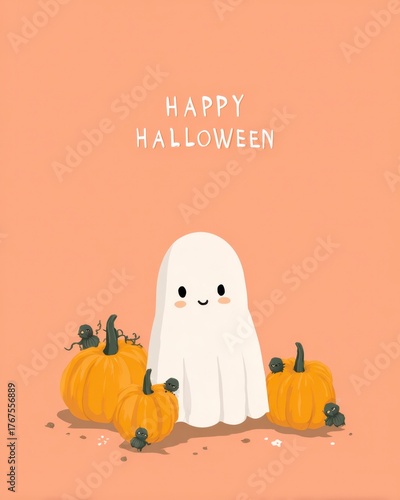 Cute Ghost Surrounded by Pumpkins for Happy Halloween Celebration