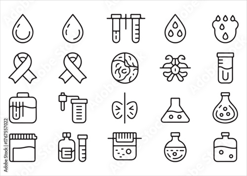  Medical research and healthcare icons with blood drops test tubes and ribbons