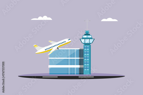 Aircraft landing and take off Concept. Colored flat vector illustration isolated