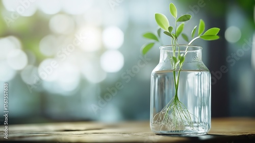 carboy. Clear glass carboy with floating green plant and visible roots on rustic wooden surface. gardening catalogs, home-decor guides, designed for home decor and floral branding.