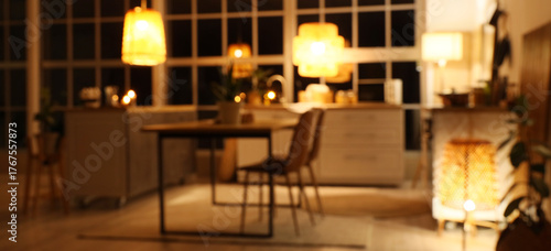 Blurred view of kitchen wit...