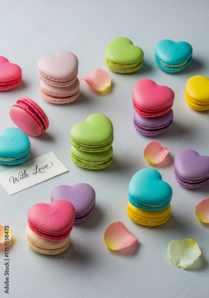 Obraz premium Romantic Heart-Shaped Macarons with Rose Petals and 'With Love' Card, Perfect for Valentine's Day or Mother's Day