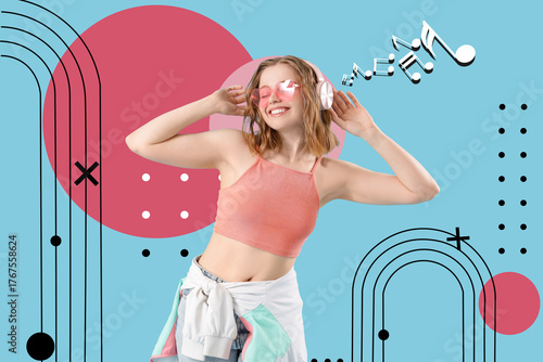 Cool young woman listening to music and dancing on blue background