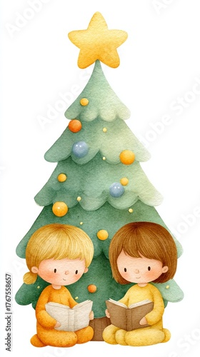 Two children read storybooks beside a whimsical Christmas tree, creating a magical holiday atmosphere filled with joy and warmth.