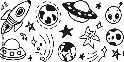 Whimsical hand drawn space elements featuring rockets planets aliens and ufos in a doodle style