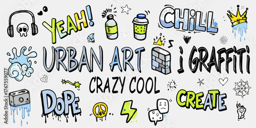 Vibrant urban art graffiti with words like urban art graffiti chill dope and create