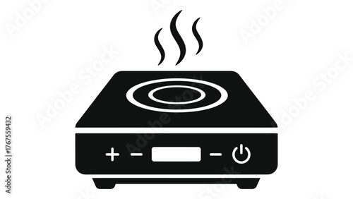 Black silhouette of a portable induction cooktop with steam rising, on