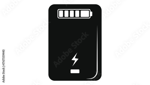 Black silhouette of a power bank with a battery indicator and lightning bolt symbol, on