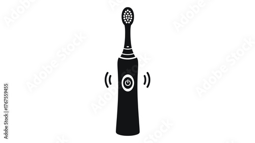 Black silhouette of an electric toothbrush with vibration waves, on