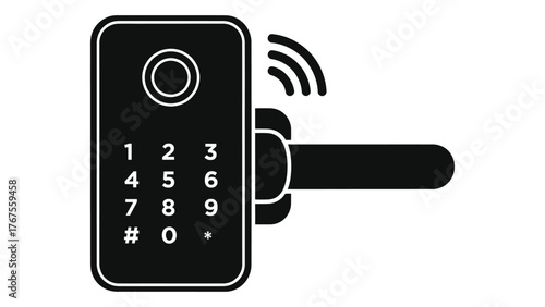 Black silhouette of a smart door lock with keypad and wifi signal, on