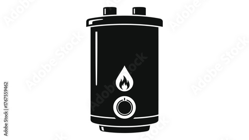 Black silhouette of a water heater with flame symbol, on