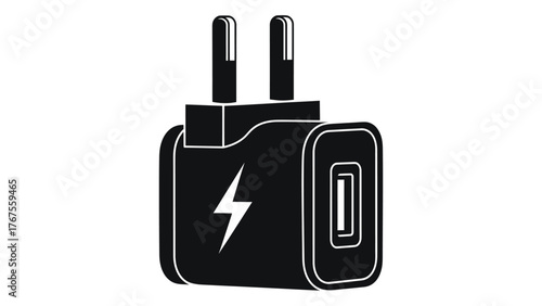 Black silhouette of a usb wall charger with lightning bolt symbol, on