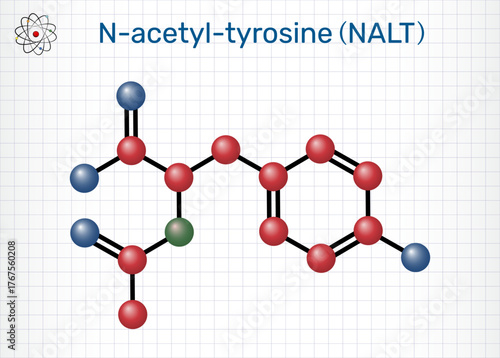 N-acetyl-tyrosine (NALT) molecule. Cognitive enhancer, acetylated derivative of tyrosine amino acid. Structural formula. Sheet of paper in a cage. Molecular model. Vector Illustration