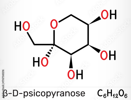 Allulose molecule beta-D-psicopyranose, cyclic form. D-psicose rare sugar. low-calorie and low-glycemic sweetener. Vector illustration