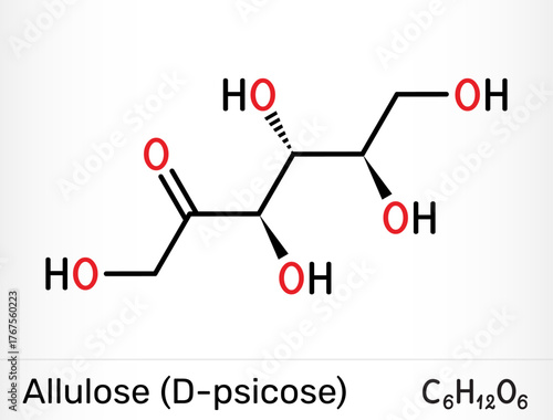 Allulose (D-psicose) molecule, ketohexose isomer of fructose, low-calorie and low-glycemic sweetener. Linear form. Vector illustration