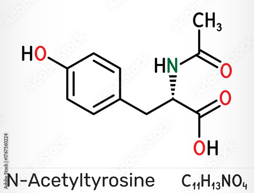 N-acetyl-tyrosine (NALT) molecule. Cognitive enhancer, acetylated derivative of tyrosine amino acid. Vector illustration