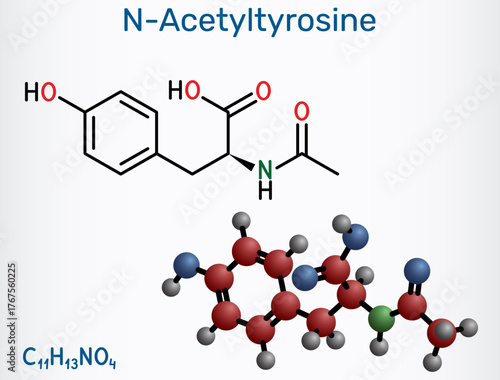 N-acetyl-tyrosine (NALT) molecule. Cognitive enhancer, acetylated derivative of tyrosine amino acid. Structural chemical formula, molecule model. Vector illustration
