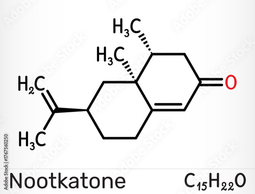 Nootkatone molecule. Grapefruit aroma sesquiterpene ketone, flavor and fragrance ingredient, insect repellent. Skeletal chemical formula. Vector illustration