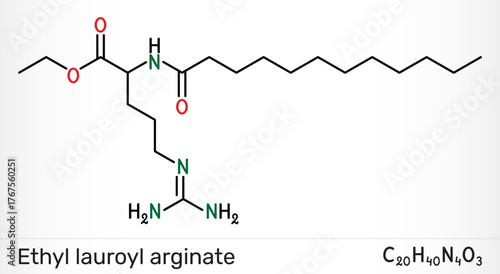 Ethyl lauroyl arginate, LAE molecule. Food preservative E243 and antimicrobial cationic surfactant, cosmetic preservative. Vector illustration