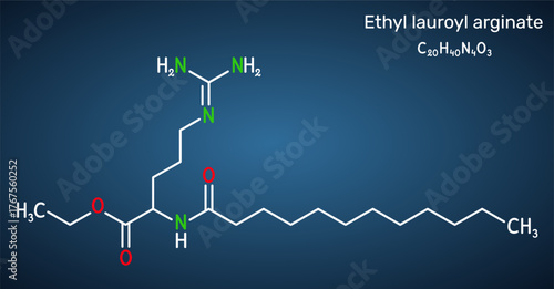 Ethyl lauroyl arginate, LAE molecule. Food preservative E243 and antimicrobial cationic surfactant, cosmetic preservative. Dark blue background. Vector illustration