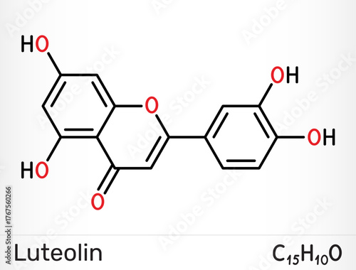 Luteolin molecule. Citrus and herb bioflavonoid, antioxidant and antiinflammatory. Vector illustration