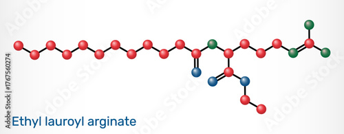 Ethyl lauroyl arginate, LAE molecule. Food preservative E243 and antimicrobial cationic surfactant, cosmetic preservative. Molecular model. Vector Illustration