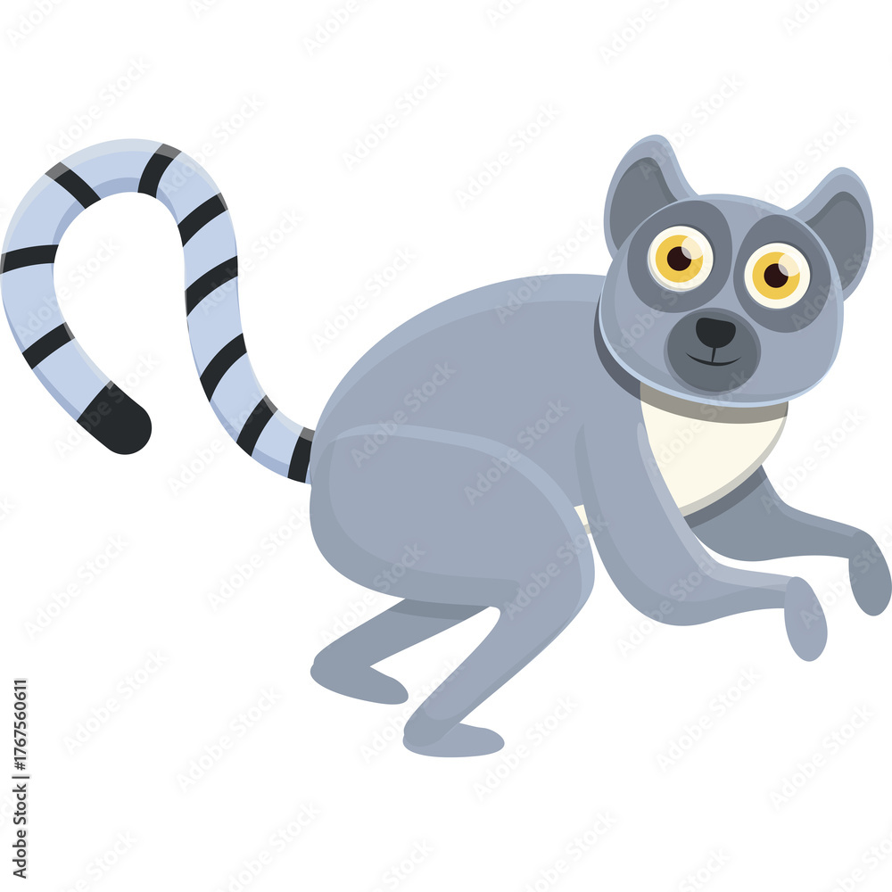 Naklejka premium Gray Ring Tailed Lemur With Big Yellow Eyes And Black Striped Tail In A Cartoon Style Isolated On A Transparent Background