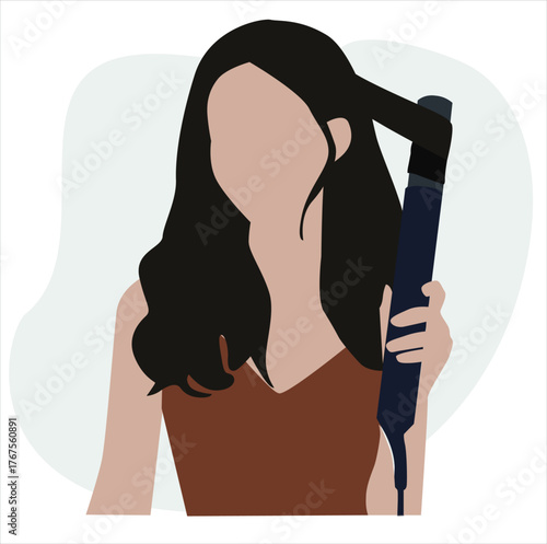 woman styling hair with a hair straightener.Woman using hair straightener, enjoying morning routine, 