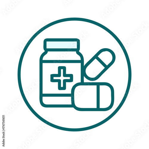 Medicine bottle and capsules in circular outline design  