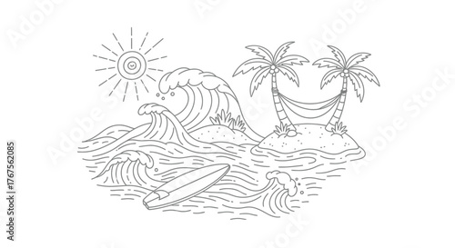 Tropical island scene with palm trees waves sun and surfboard sketch