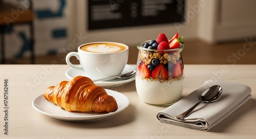 breakfast table with a croissant, cappuccino, and a fruit parfait in a glass jar layered with yogurt, granola, and fresh berries