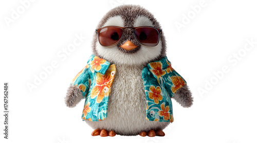 Cute plush penguin wearing sunglasses and a hawaiian shirt