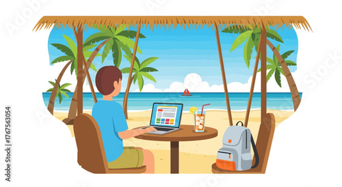 Man working remotely on a laptop at a tropical beach paradise