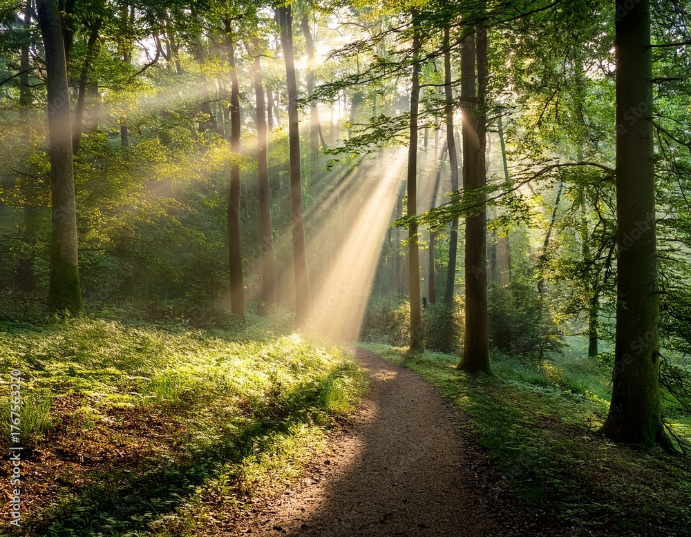 Fototapeta premium sunbeams shining through a forest path
