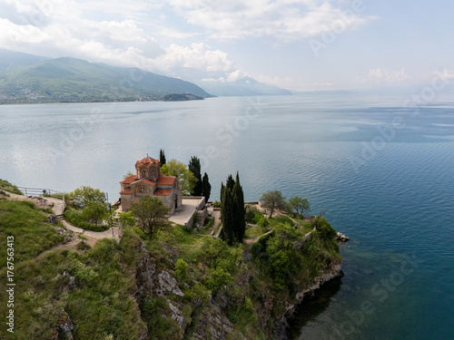 Church of Saint John Kaneo in Ohrid Town and Lake aerial view in North Macedonia