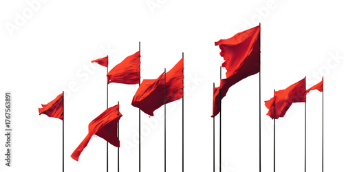 Multiple red flags waving against a dark background